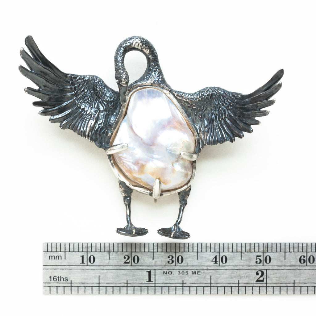 baroque pearl swan sterling silver brooch measure