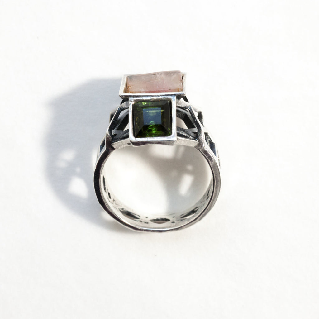 rectangular rose square green tourmalines silver ring-top