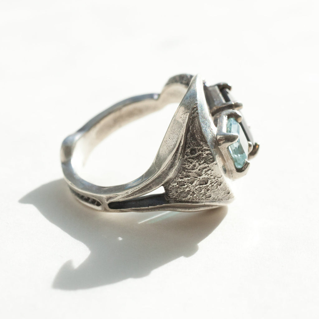 2 moon mars silver ring size 7 with aquamarine and green tourmaline-side