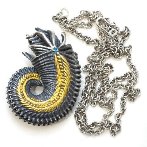 Alien Shrimp brooch pendant, blackened silcer with fused 24k gold foil, apatite, 24" chain