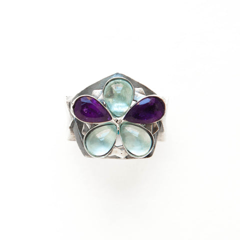 Pentagon FLower ring with Aquamarine and Amethyst