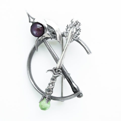 Cutting Through Brooch with Axe,Flaming sword, star ruby, peridot.