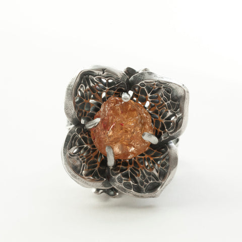 Topaz flower ring with rough imperial topaz. A big ring.