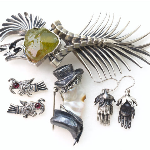 tourmaline FIshbone pendant, birds walking backwards earings, baroqur pearl ghost brooch, pierrot hands earrings.