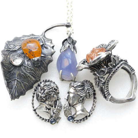 Garnet Ladybug Brooch, Eggplant Necklace, WHisper earrings, Topaz Flower Ring