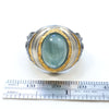 organic chrysler building ring, blackened sterling silver, 24k golf foil fused to the silver, oval aquamarine cab. Measure