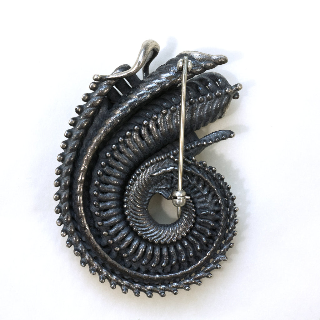 Alien Shrimp Brooch Pendant. Sterling silver, gold foil fused to the silver, apatite. Back. You can see the pin and safety catch.