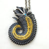 Alien Shrimp Brooch Pendant. Sterling silver, gold foil fused to the silver, apatite. Front with 24" chain