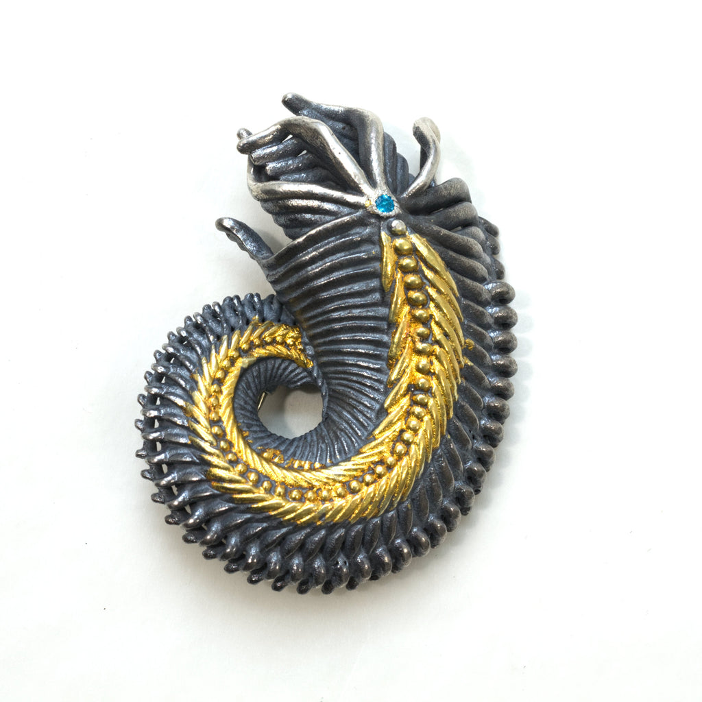 Alien Shrimp Brooch Pendant. Sterling silver, gold foil fused to the silver, apatite. Front