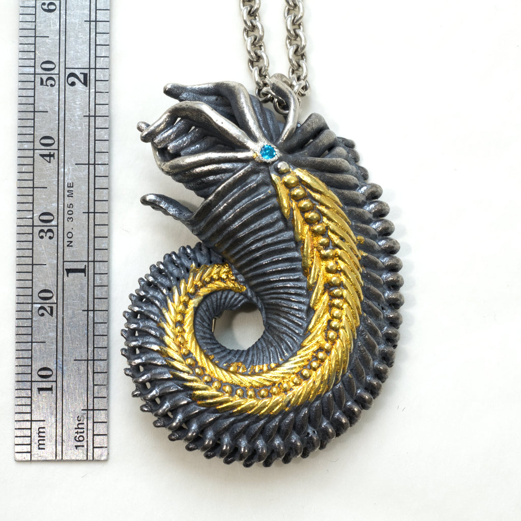 Alien Shrimp Brooch Pendant. Sterling silver, gold foil fused to the silver, apatite. Measure