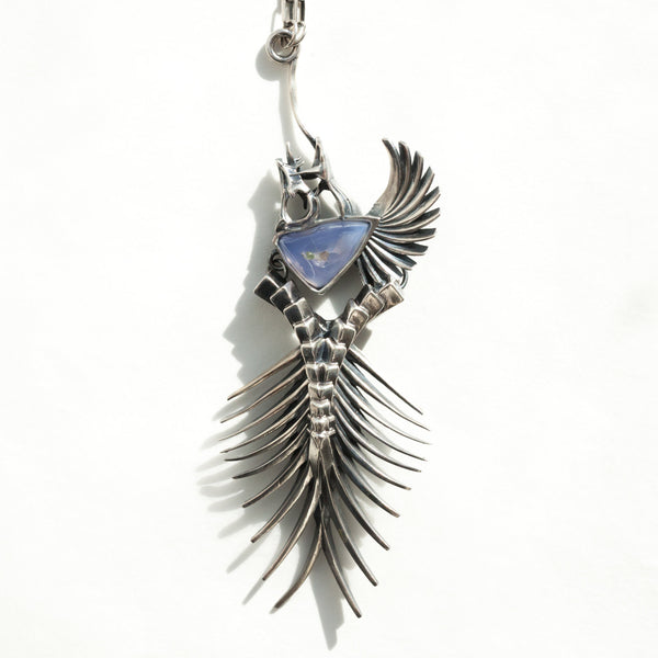 blue chalcedony silver fishbones pendant-front
