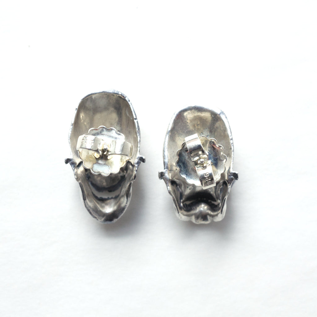 comedy and tragedy sterling silver skull earrings back view