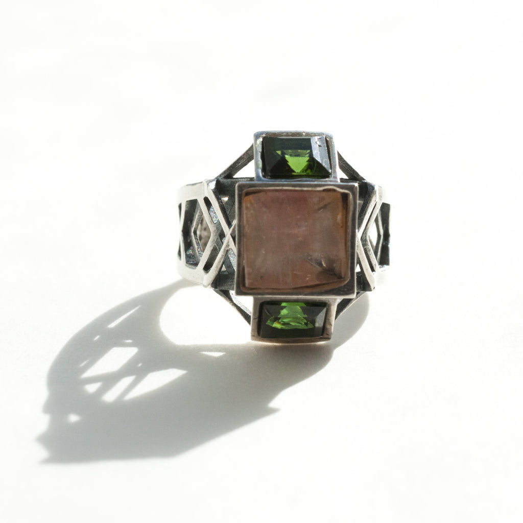 rectangular rose square green tourmaline silver contrast ring-front in natural light