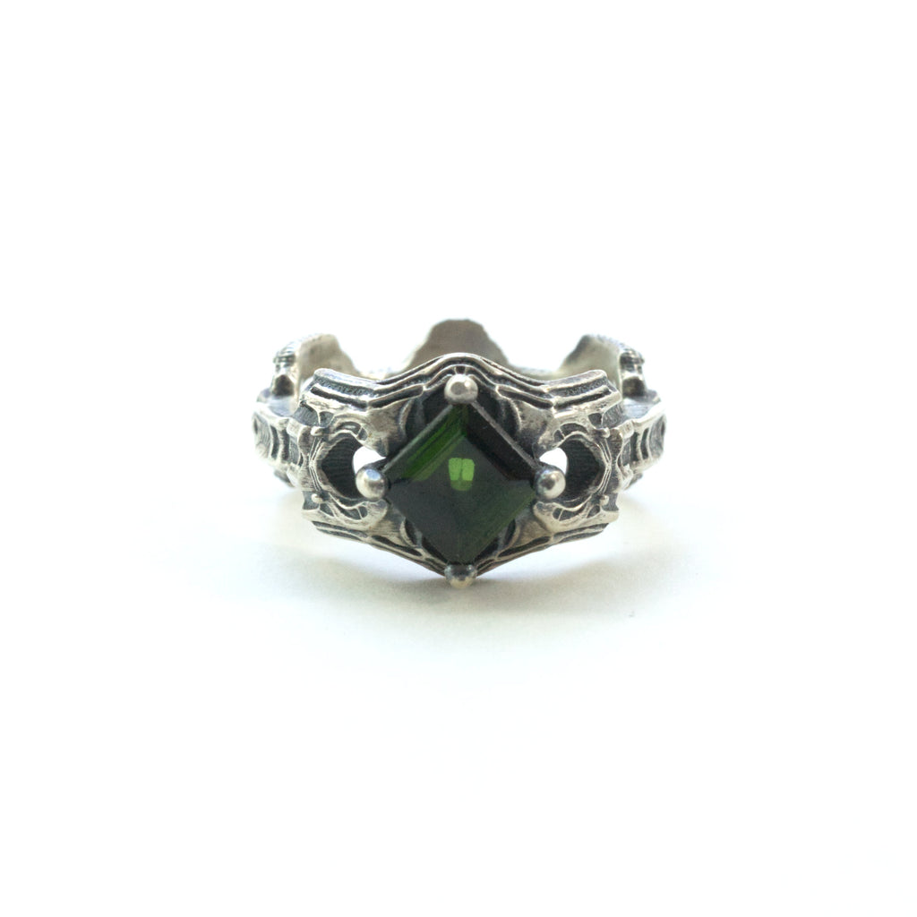 entablalture silver ring with princess cut green tourmaline, liver of sulfur patina. size 6-front