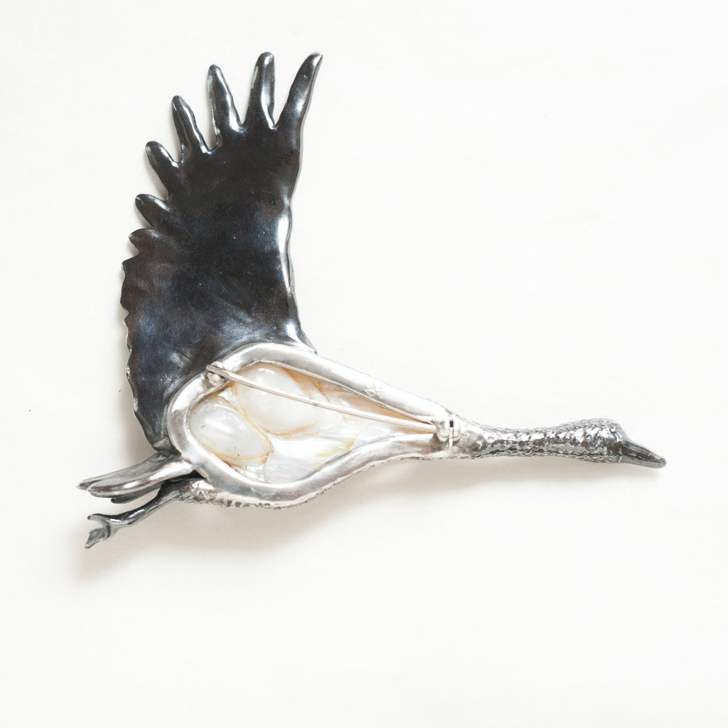 flying swan baroque pearl sterling silver brooch, back