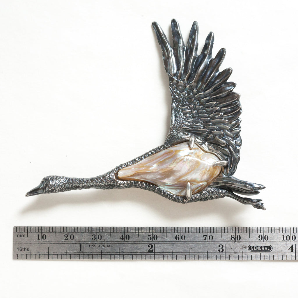 flying swan baroque pearl sterling silver brooch, measure