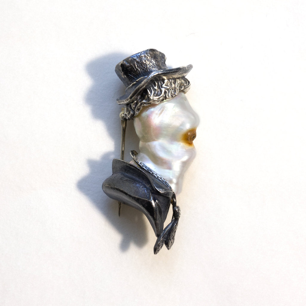 ghost pearl brooch; baroque pearl, silver, liver of sulfur patina; front