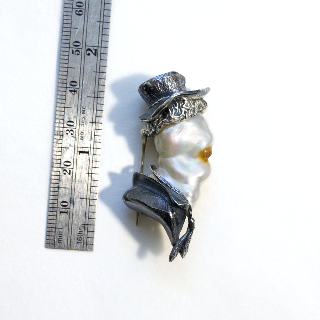 ghost pearl brooch; baroque pearl, silver, liver of sulfur patina; measure