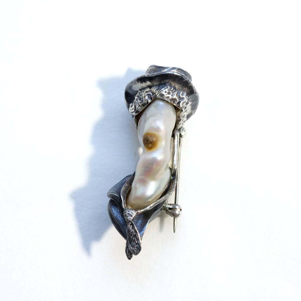 ghost pearl brooch; baroque pearl, silver, liver of sulfur patina; side-front
