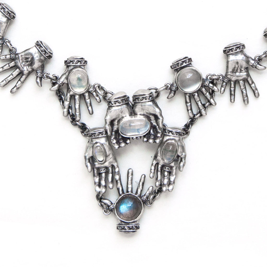 givinng hands sterling silver necklace with moonstones and labradorite the front details