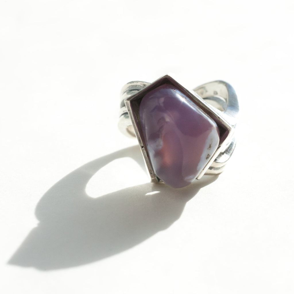 purple chalcedony asymmetrical silver ring-front