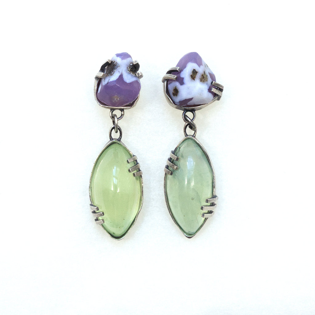 Prehnite and purple chalcedony dangling sterling silver earrings. Front