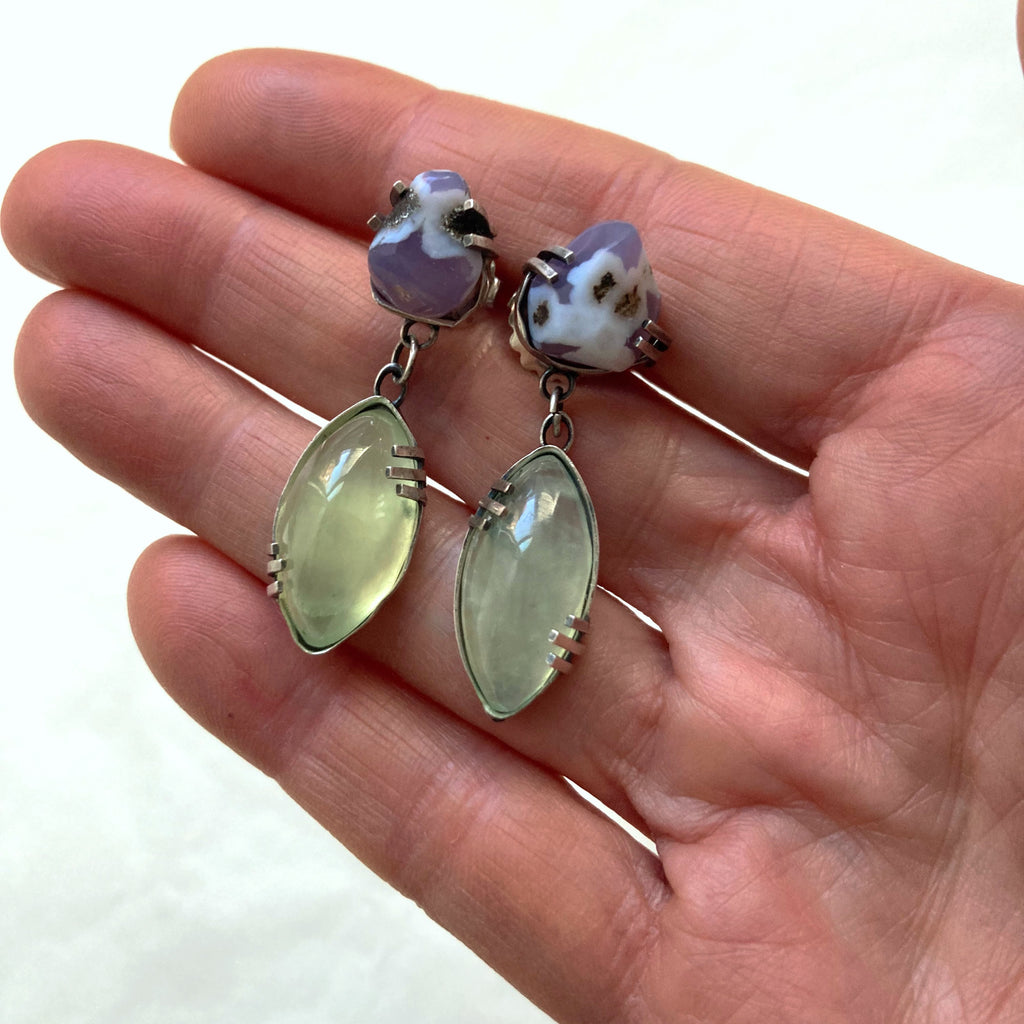 Prehnite and purple chalcedony dangling sterling silver earrings. In a hand for size