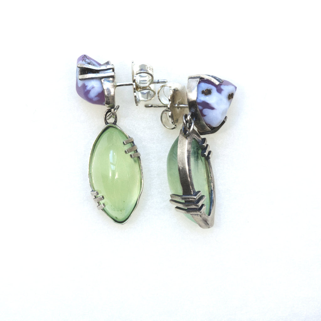 Prehnite and purple chalcedony dangling sterling silver earrings. Side so you can see the posts and backs