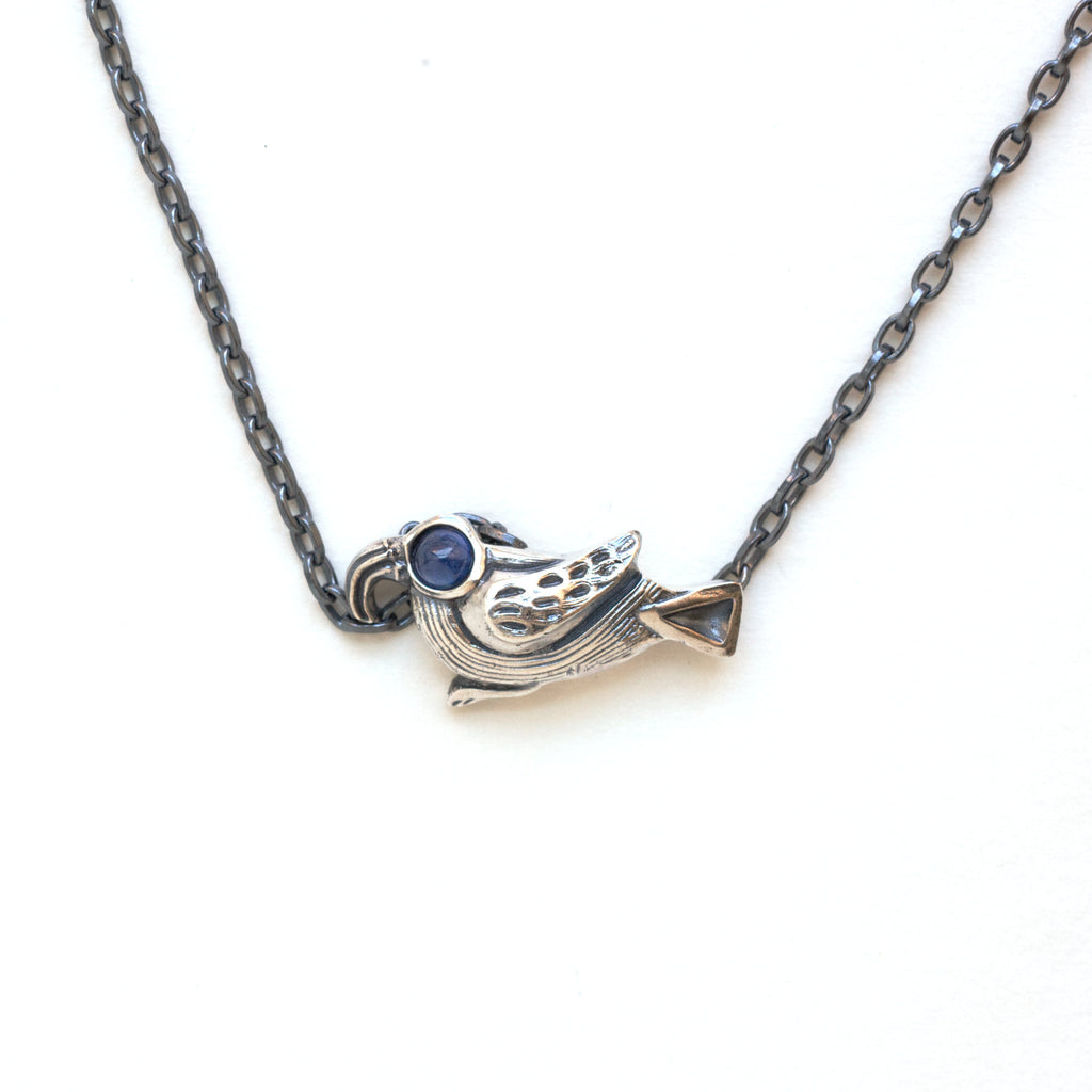 roosting bird silver with blue sapphire eye necklace