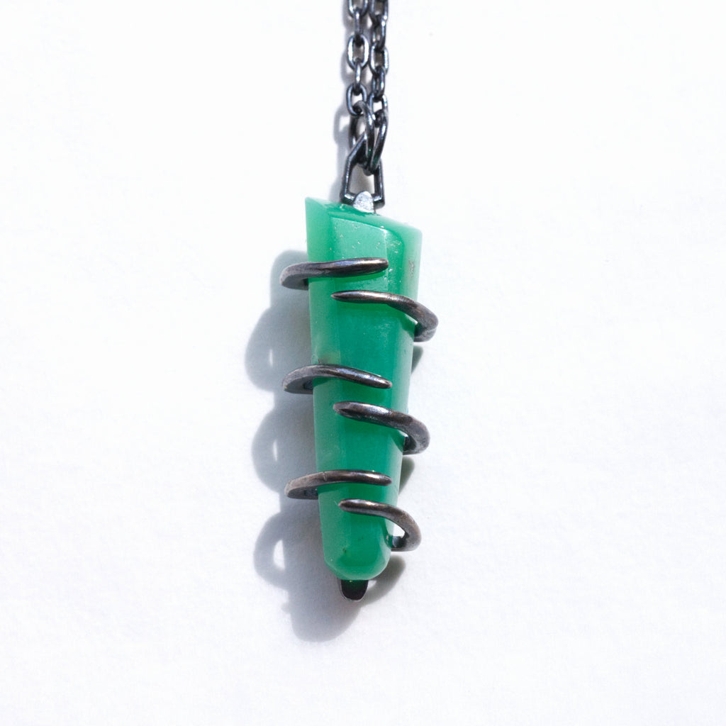 chrysoprase blackened silver shoelace pendant and chain, front view