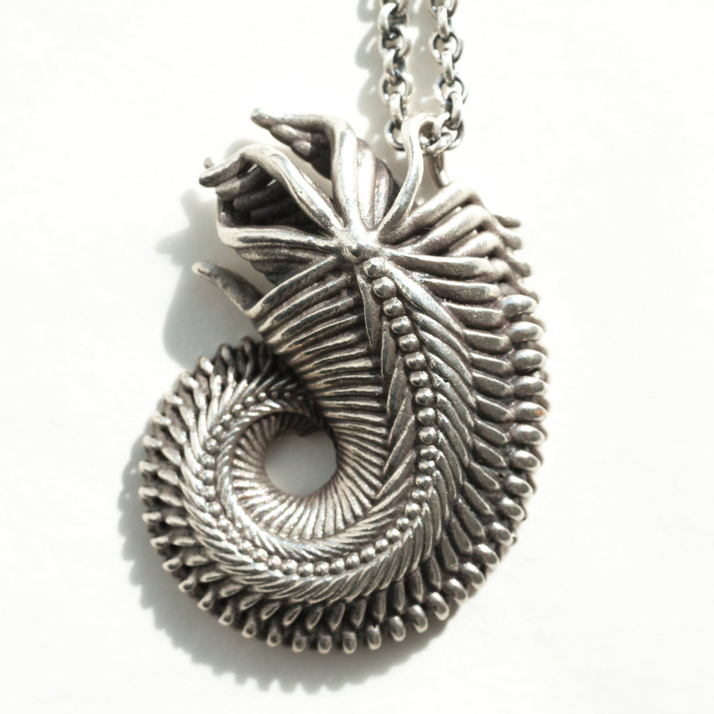 spiral shell sterling silver pendant. Front