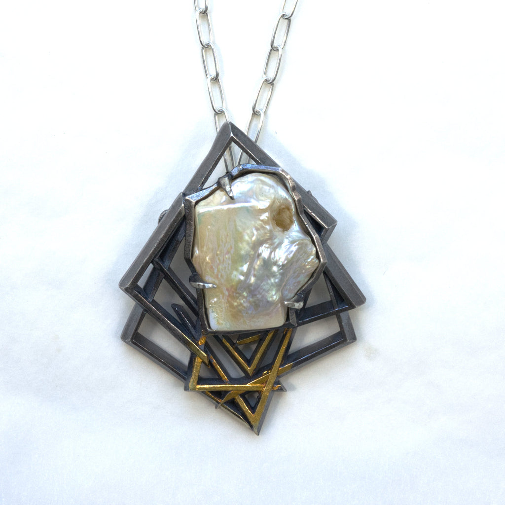 Square Face Baroque brooch pendant, sterling silver, 24k gold foil infused with keum boo process, Front with chain.