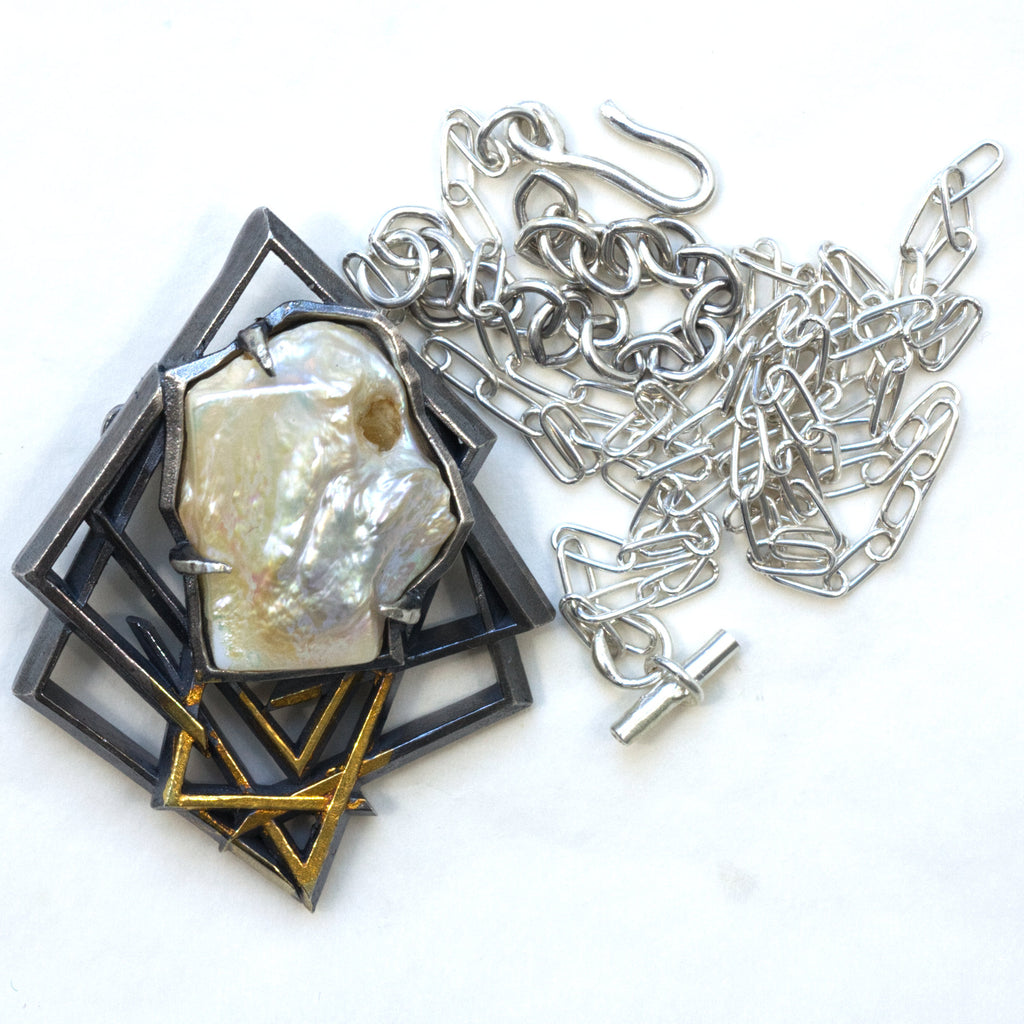 Square Face Baroque brooch pendant, sterling silver, 24k gold foil infused with keum boo process, Front with chain detached.