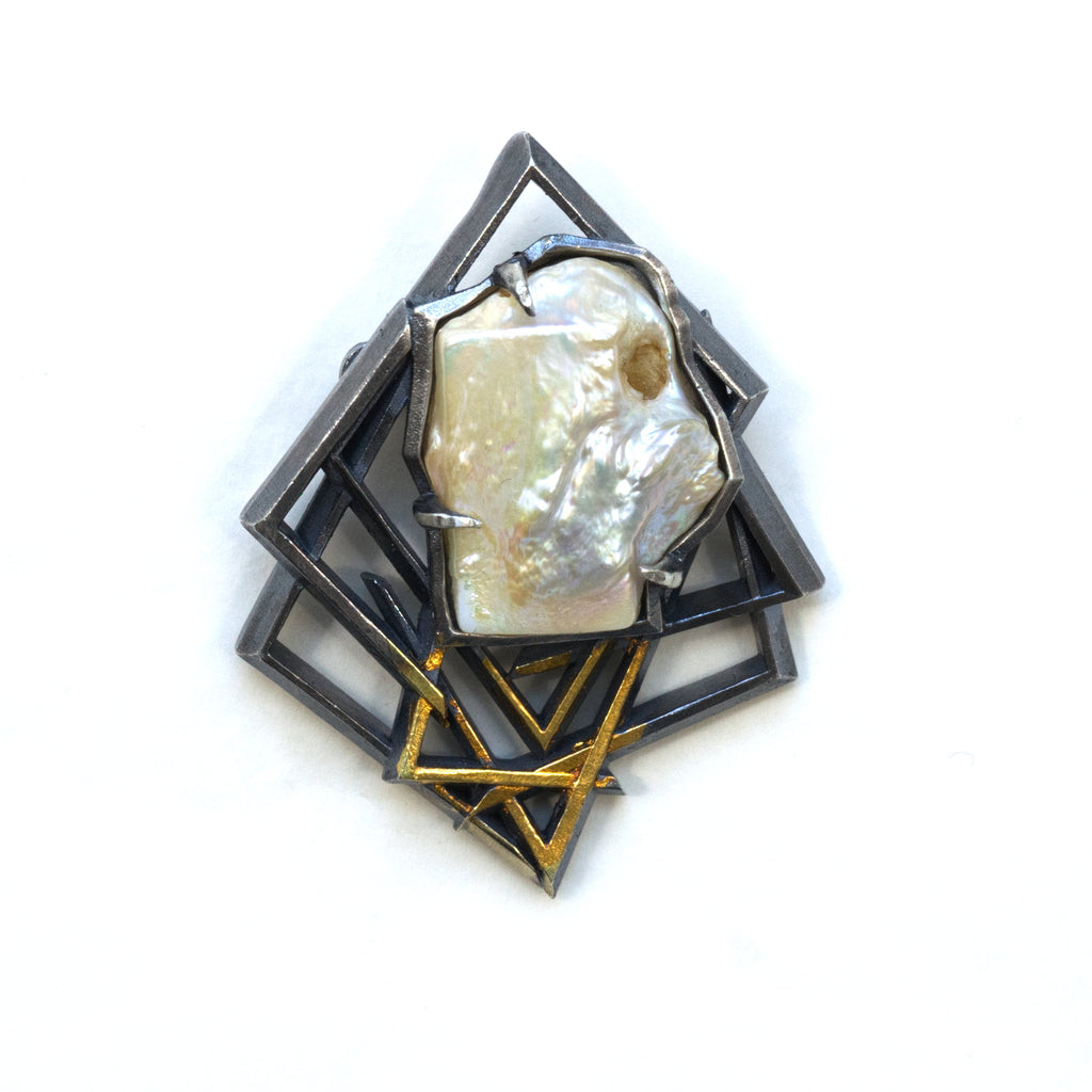 Square Face Baroque brooch pendant, sterling silver, 24k gold foil infused with keum boo process, Front