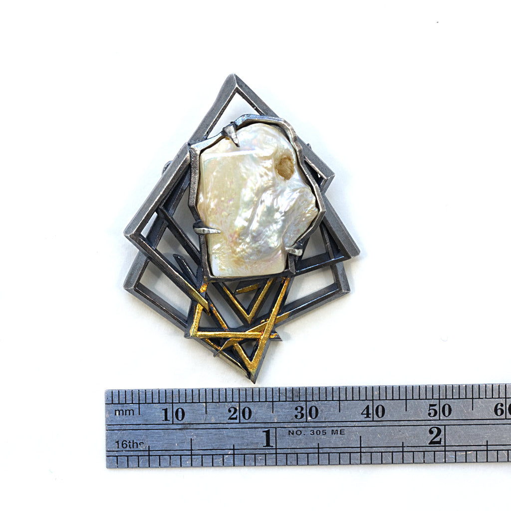 Square Face Baroque brooch pendant, sterling silver, 24k gold foil infused with keum boo process, Measure.