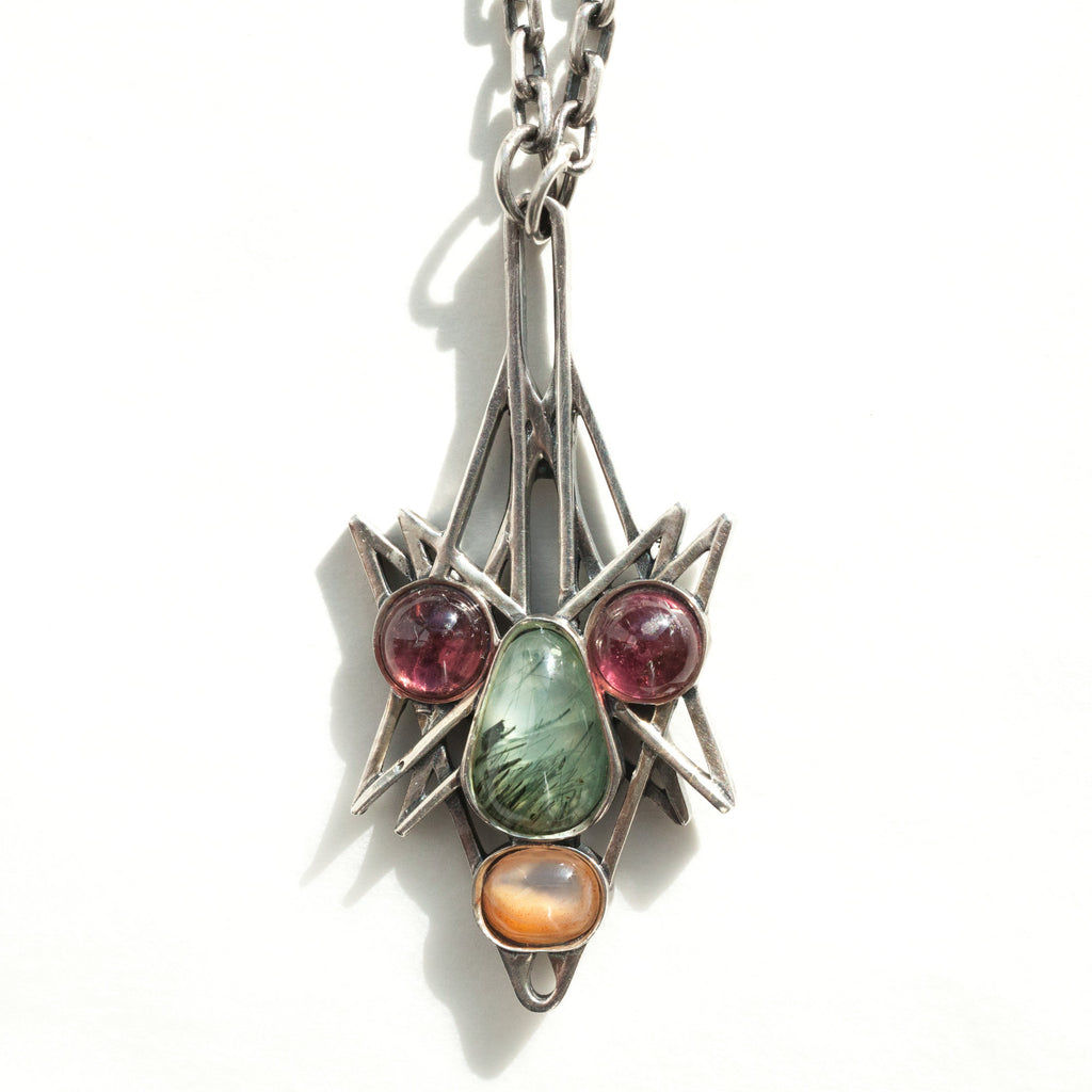Stone face sterling silver pendant with tourmaline, agate, and prehnite 