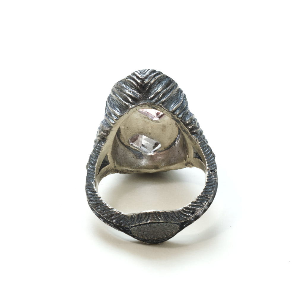 Sun and Moon ring. Sterling silver, 24k gold foil fused to silver. Grey and ink spinels, which have delicate color so they reflect the gold around them. Back.