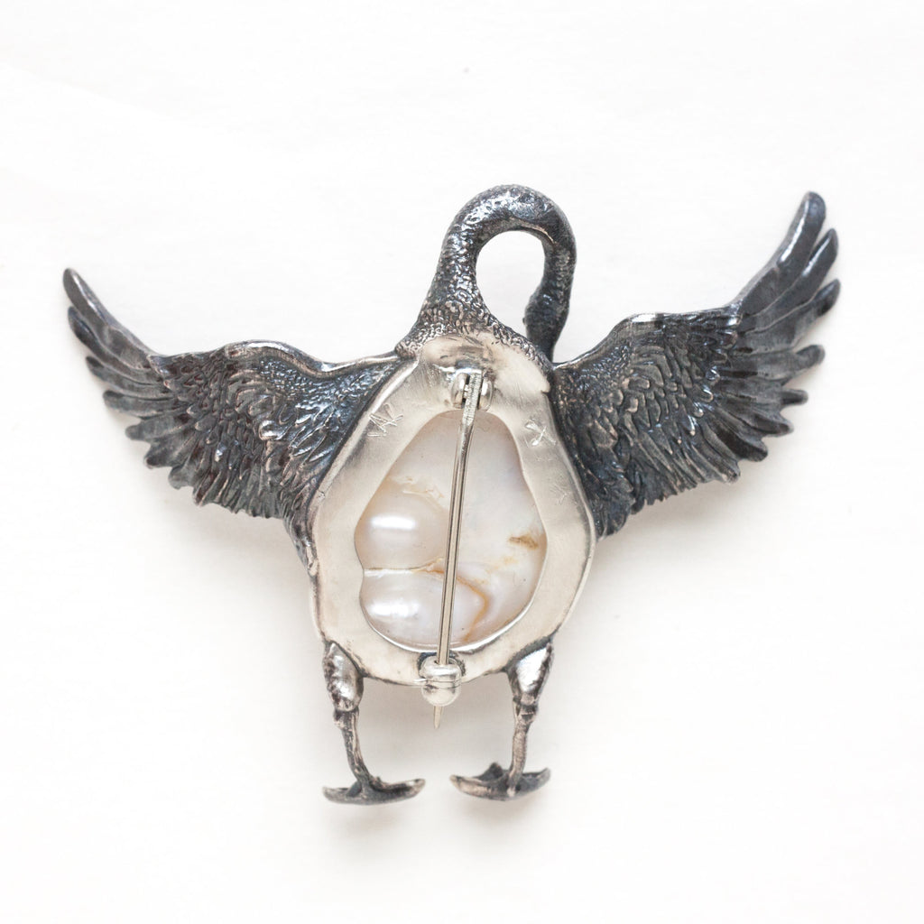 baroque pearl swan sterling silver brooch back view