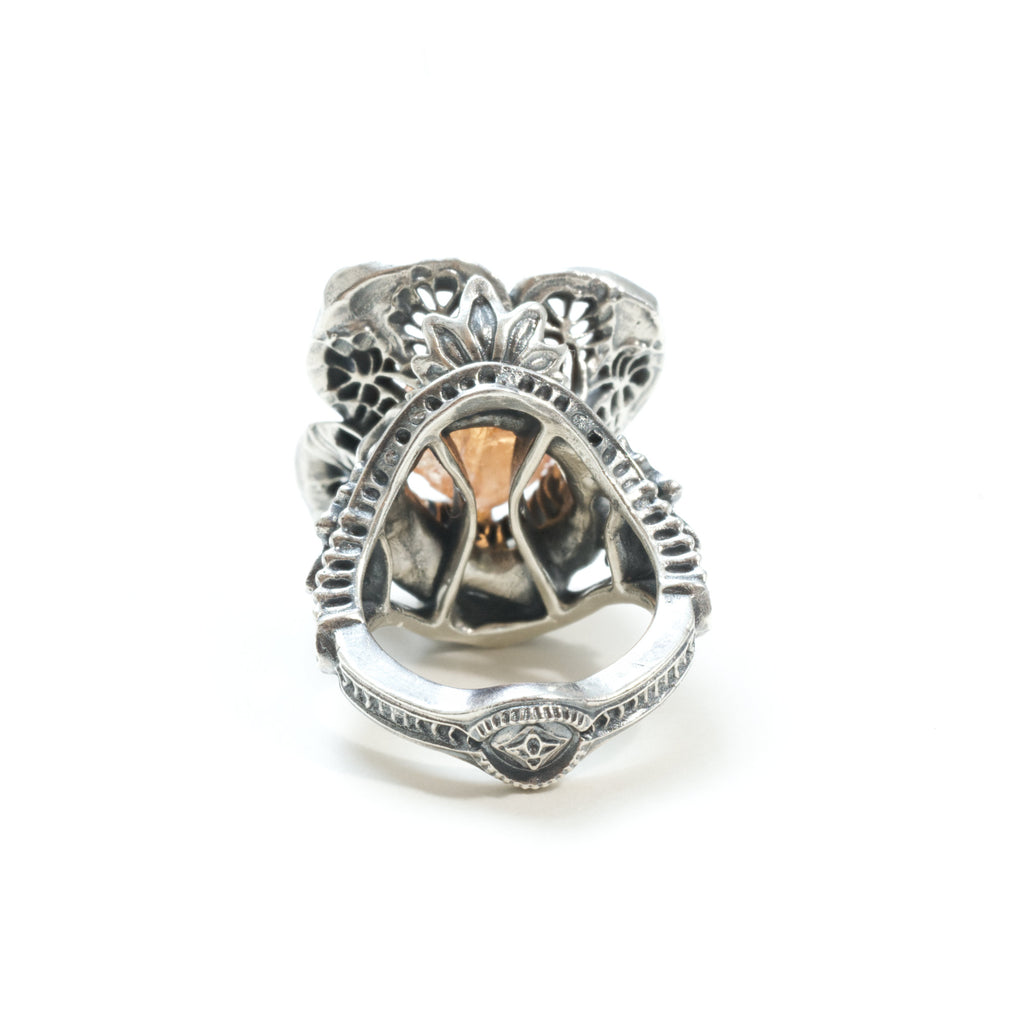 Natural Imperial topaz, sterling silver flower ring, size 7, back