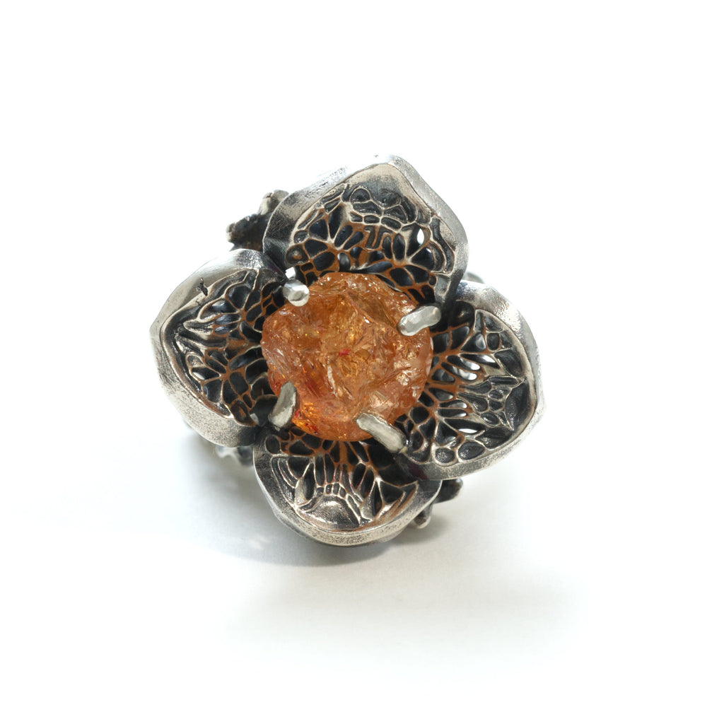Natural Imperial topaz, sterling silver flower ring, size 7, front