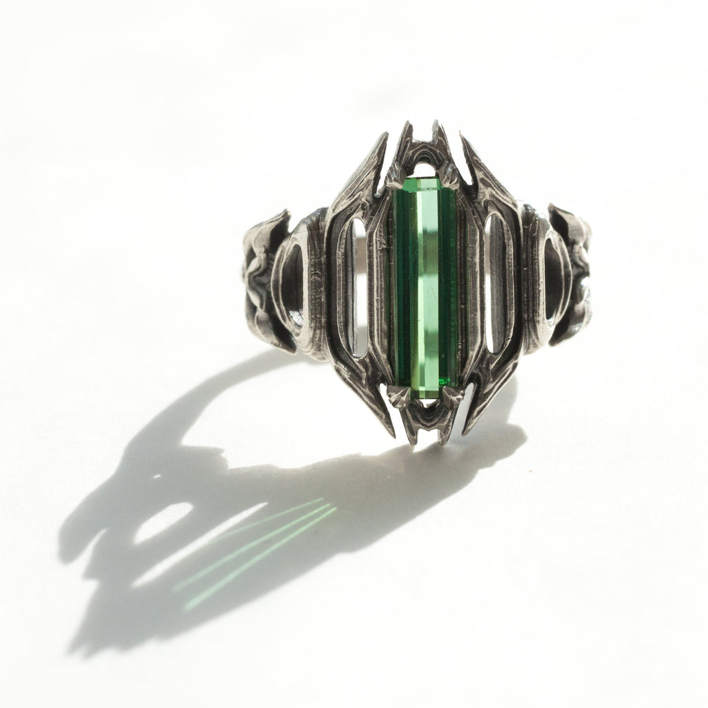 giger inspired tower ring with green tourmaline baguette, size 8