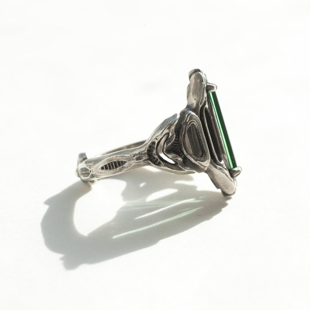 giger inspired tower ring with green tourmaline baguette, size 8, side