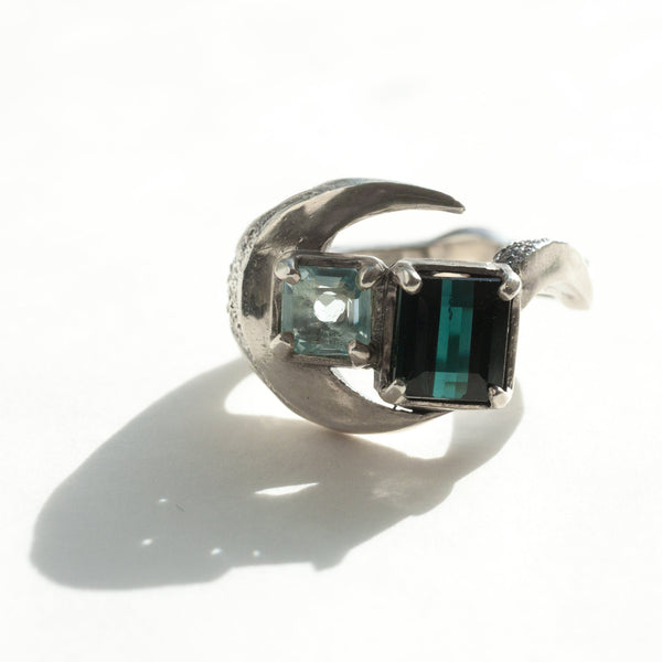 2 moon mars silver ring size 7 with aquamarine and green tourmaline-font