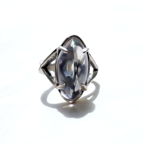 marquis topaz silver ring with pattern below the stone. Front