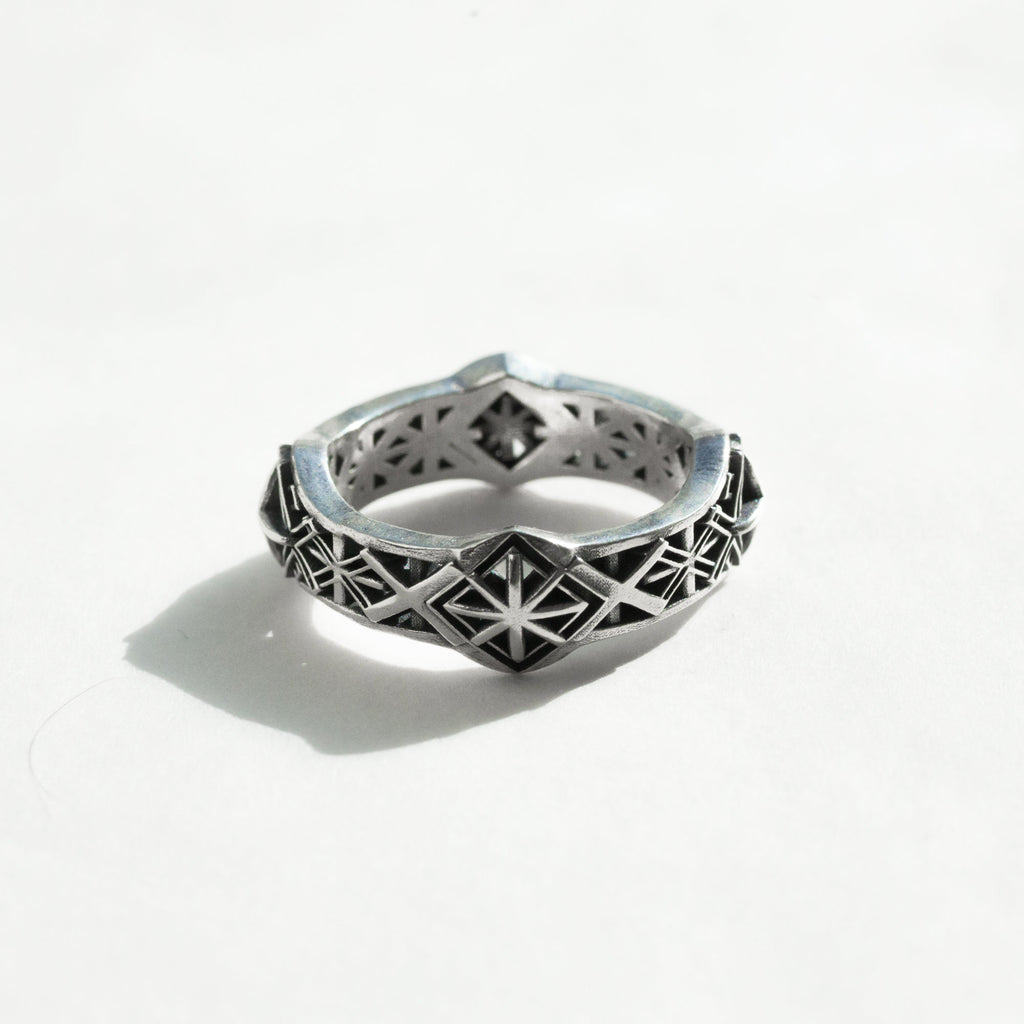 X-band sterling silver ring-diamond pattern in natural light