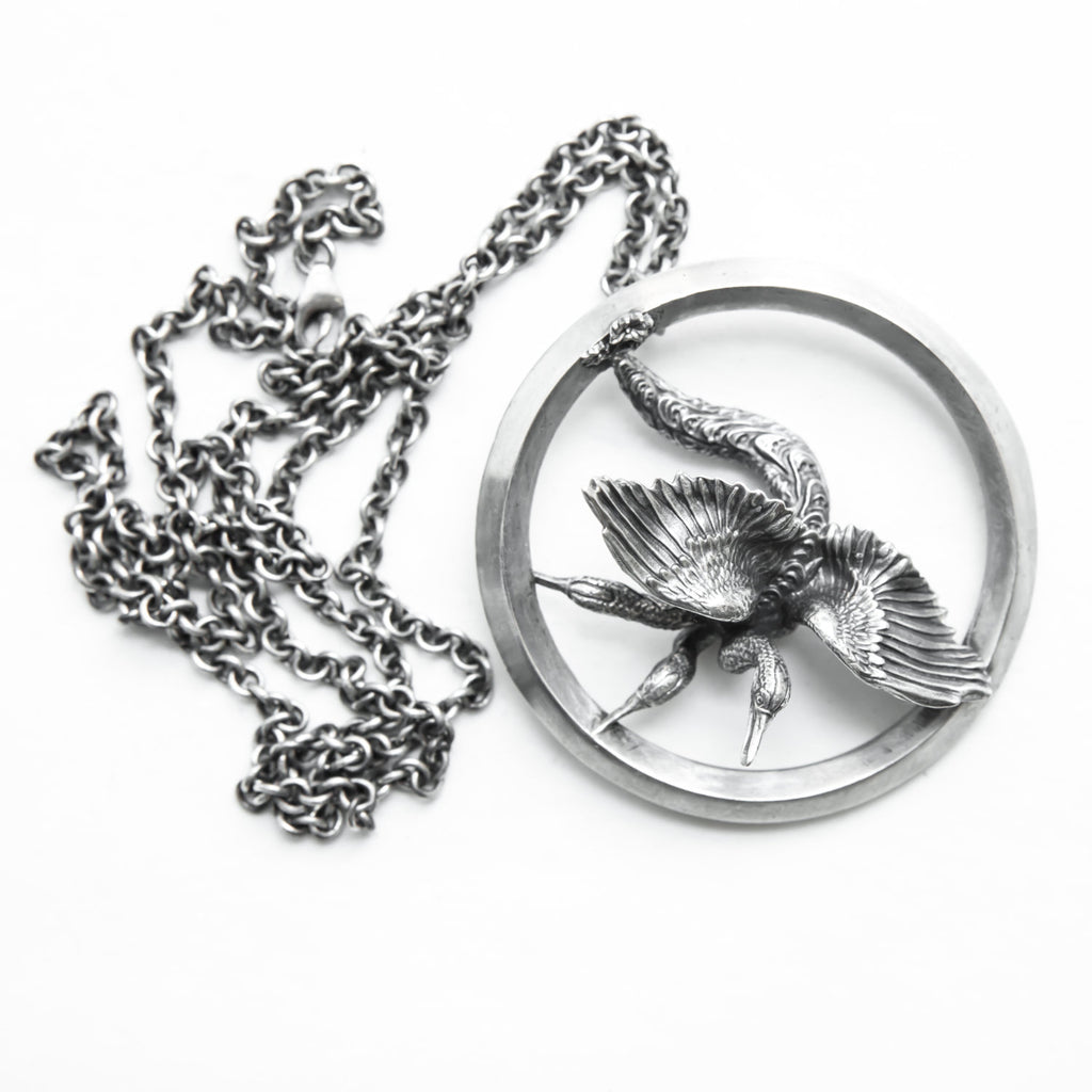 3-headed Bosch bird silver pendant-front