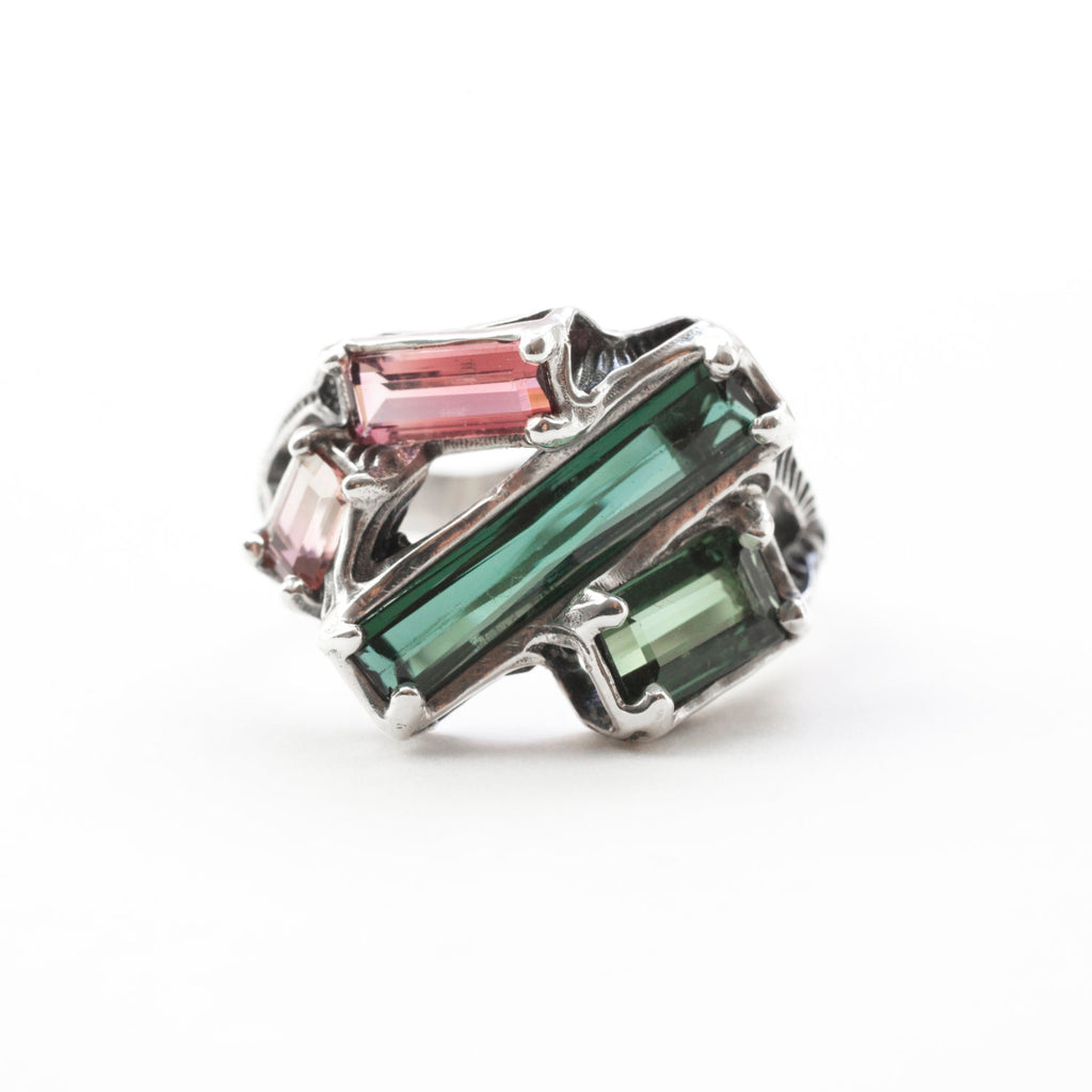 4tourmaline,silver ring,size 8.25, pink and green tourmalines, front