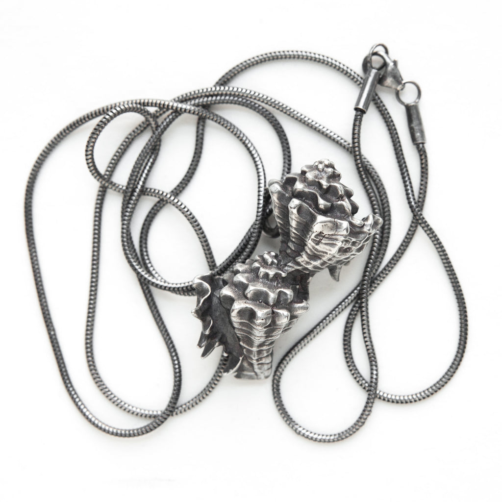 Double conch blackened silver pendant-snake chain
