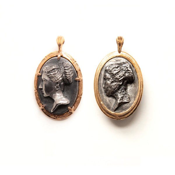 Grecian inspired double-sided cameo pendant with aged stone version on the back, silver and bronze-both