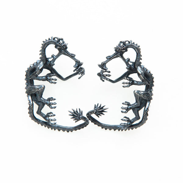 dragon earrings-blackened silver-front-very-lightweight